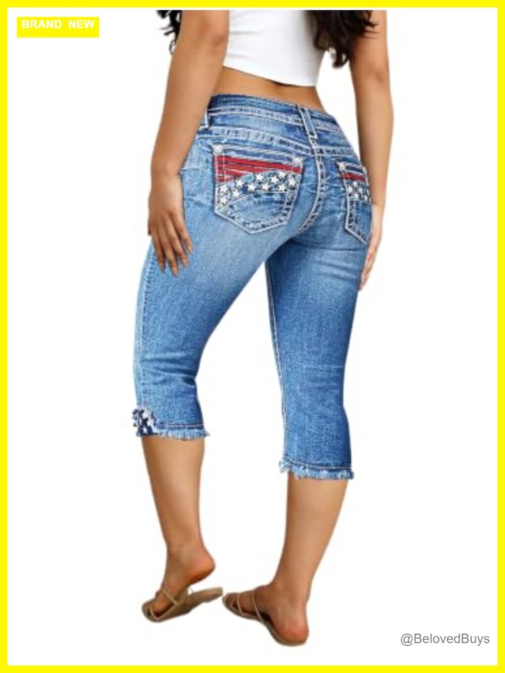 Mid Rise Capri Jeans Stretch Denim Raw Hem Butt Lifting Pockets